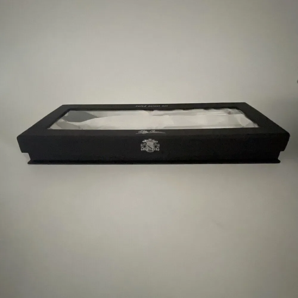 Oleg Cassini Stainless Salad Server Set Crystal Square Handles Satin Lined Box